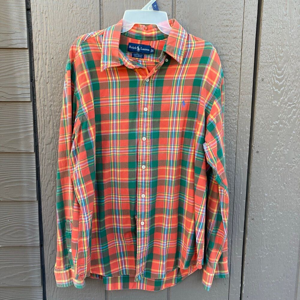 Polo Ralph Lauren Custom Fit Plaid Button Down Shirt Mens XL Orange Green Pony